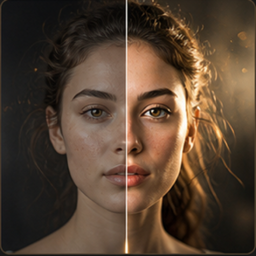Portrait before and after AI photo enhancement with warm golden divider