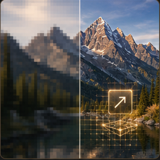 Mountain image moving from low resolution to crisp upscaled detail